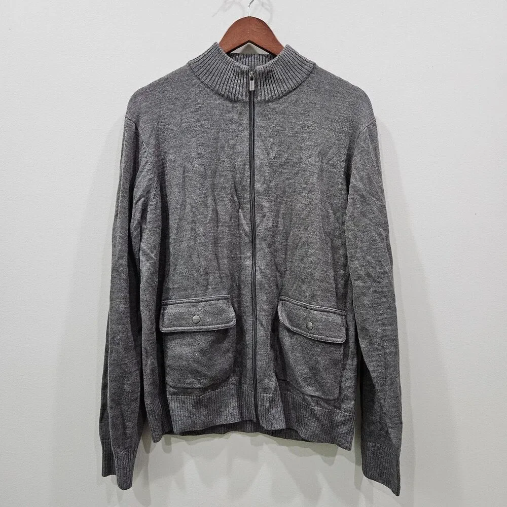 Michael Kors Mens Wool Blend Full Zip Sweater Size L Grey Pockets Warm Neutral